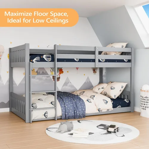 Miniatura 3 de JOYMOR Litera baja de madera maciza individual sobre individual para niños/jóvenes, marco de cama con barandillas y escalera para niños y niñas,