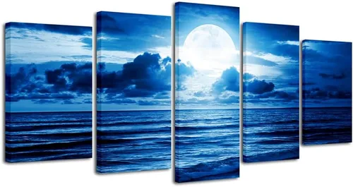 Pyradecor Lienzo con diseño de nubes azules, arte de pared, diseño de luna, mar, playa, pinturas listas para colgar, para sala de estar, dormitorio,