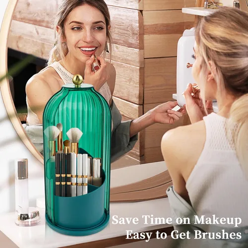 Miniatura 5 de Organizador Soporte de Brochas de Maquillaje, Soporte de Brochas de Maquillaje Giratorio 360°, Material Resistente al Polvo e Impermeable y con 3