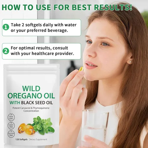 Miniatura 7 de Cápsulas blandas de aceite de orégano de 6000 mg por porción, 120 unidades 2 en 1 formulado con aceite de semilla negra de 200 mg, antioxidantes