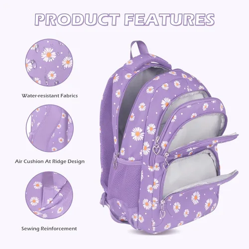 Miniatura 28 de goldwheat Mochilas impresas margaritas con paquete de almuerzo, estuche de lápices 3pcs, bolsa ligera resistente al agua para la escuela secundaria