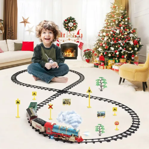 Miniatura 5 de JQ JUQU Juego de tren de control remoto para niños de 3 a 8 años, tren de juguete eléctrico con vapor, luces y sonidos, incluye 17 pistas y batería