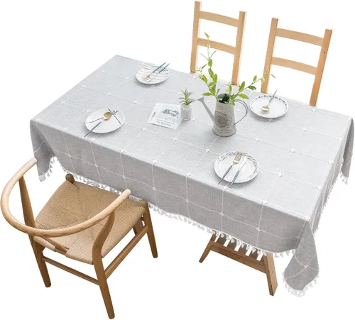 Miniatura 7 de Oubonun Mantel rectangular de lino de algodón, resistente a las arrugas y resistente al agua, lavable a máquina con borlas para cocina y comedor, 55
