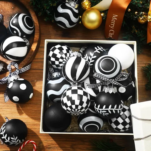 Miniatura 2 de Chuangdi 24 piezas Adornos de bola de Navidad para árbol, decoraciones de árbol de Navidad en negro y blanco, adornos modernos de bola colgante