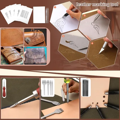 Miniatura 6 de QMNNMA 102PCS Herramientas de trabajo de cuero Kit de artesanía de cuero con bolsa de almacenamiento personalizada, herramientas de estampado
