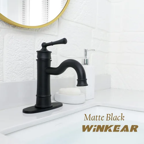 Miniatura 2 de Grifo de baño estilo romano de lavabo negro mate de un solo agujero con montaje en cubierta, drenaje emergente con placa de cubierta y Mate negro