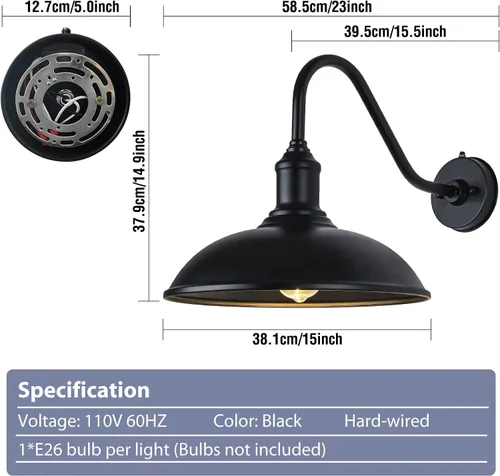 Miniatura 3 de Lámparas de granero para exteriores – Lámpara exterior de granja de 15 pulgadas para casa con parte inferior antiestanque, luces de granero