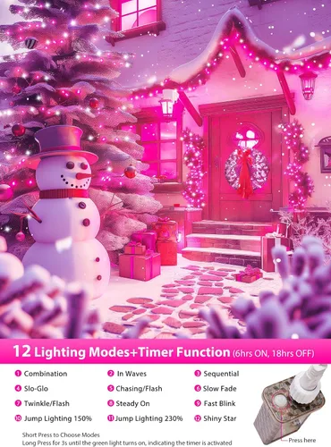 Miniatura 3 de Minetom Tira de luces de Navidad rosa y blanca, 25 pies, 500 luces LED para exteriores, impermeable, para dormitorio, patio, tapicería, patio