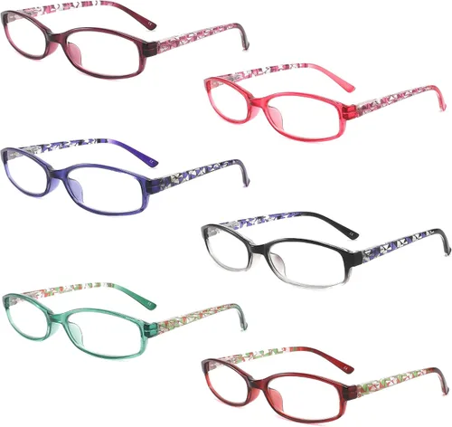 Paquete de 6 lentes de lectura con bloqueo de luz azul, lectores de bisagra de resorte para mujer con patrón impreso, anteojos UV antirreflejos para