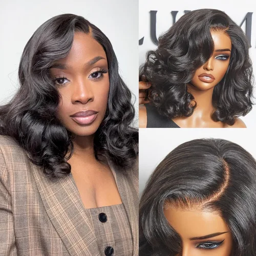 Miniatura 14 de LUVME HAIR Peluca de Ondas Sueltas Yaki Ligero de 12 Pulgadas Cabello Humano Hermoso, Pelucas Bob de Cabello Humano con Encaje HD Indetectable Sin