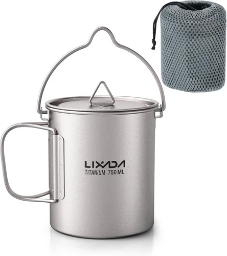 Lixada Taza de agua de titanio con tapa y mango plegable, ultraligero de 25.4 fl oz, olla de titanio, portátil, al aire libre, camping, cocina,