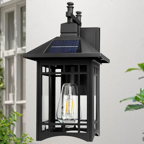 Miniatura 8 de Lámpara solar de pared para exteriores, accesorios de iluminación exterior, moderna lámpara exterior negra con pantalla de vidrio transparente