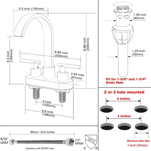 Miniatura 7 de TRUSTMI Grifo de baño central de 4 pulgadas, oro cepillado, boquilla de cascada de alto flujo para fregaderos profundos, giro de 360°, montaje