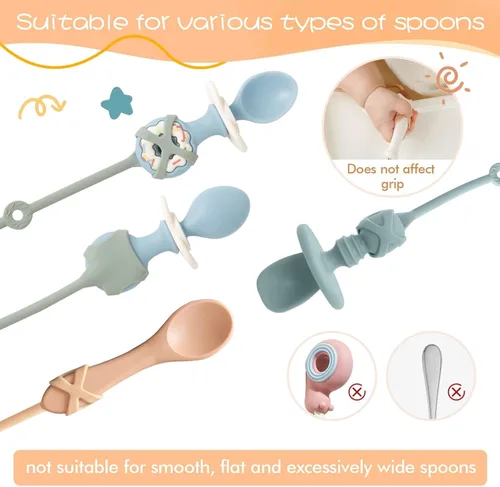 Miniatura 5 de 4PK - Cuchara y tenedor para bebé con correas de soporte para niños mayores de 6 meses, correa esencial de viaje para silla alta, babero o muñeca