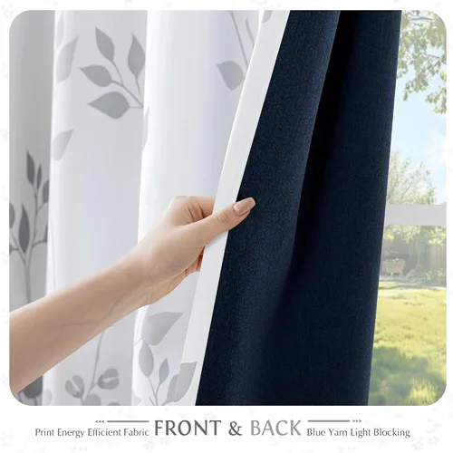 Miniatura 3 de Beauoop Cortinas Florales 100% Opacas de 54 Pulgadas de Largo, 2 Paneles para Dormitorio, Sala de Estar, Azul Gris y Blanco con Patrón de Flores