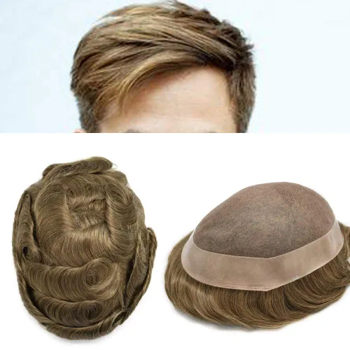 Miniatura 13 de Toupee cabello humano fino mono revestimiento de poliéster alrededor de la postizo duradero NPU monofilamento sistema de reemplazo de cabello
