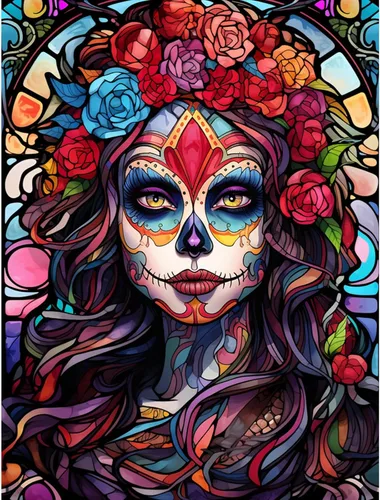 Miniatura 11 de Pintura de diamantes de calavera de azúcar 5D, kit de numeración de maquillaje de esqueleto de moda, arte de pared de rosa roja, arte de pared