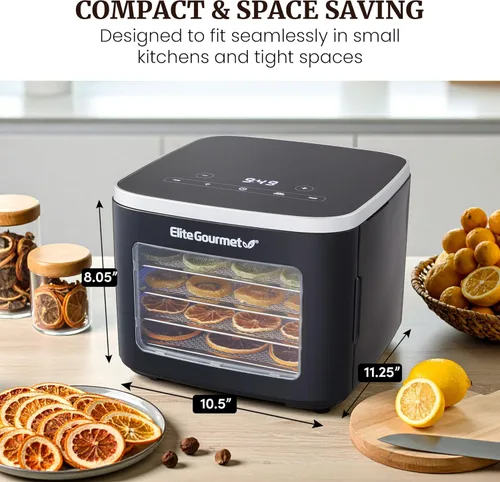 Miniatura 5 de Elite Gourmet EFD809D Deshidratador de Alimentos con 5 Bandejas de Acero Inoxidable, Temperatura y Tiempo Ajustables + Mantener Caliente, Incluye