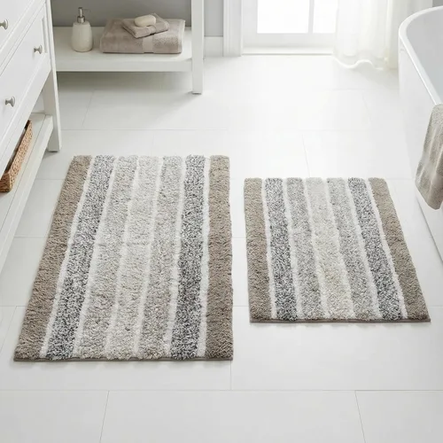 Miniatura 5 de Juego de 2 tapetes de baño de algodón con rayas alpinas, 21 x 32/17 x 24 pulgadas, color gris claro, antideslizantes, de secado rápido, suaves