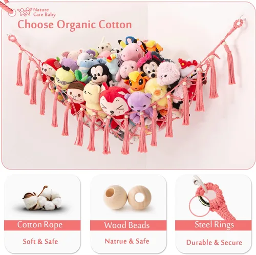 Miniatura 3 de MAKEONEWO Hamaca de Juguete de Peluche Colgante - Hecha a Mano, Organizador Grande de Macramé Rosa, Soporte de Red de Esquina para Juguetes de Rosa