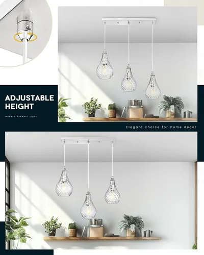 Miniatura 6 de TENGXIN Lámpara colgante de 3 luces para islas de cocina, níquel cepillado de 6 pulgadas con vidrio a rayas, estilo granja, ideal para comedores