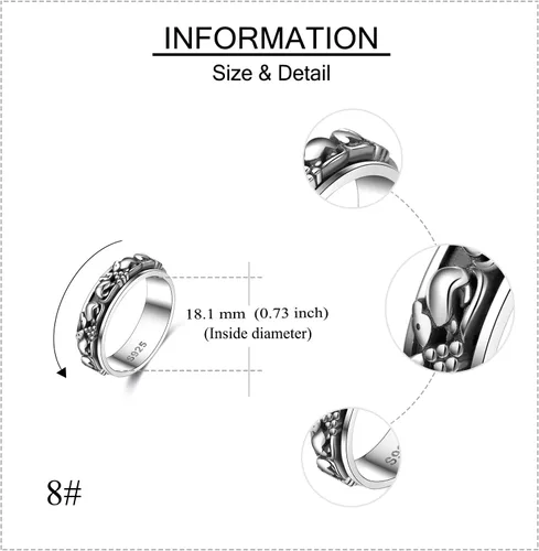 Miniatura 26 de YAFEINI Anillo giratorio de plata de ley con elefante, mal de ojo, abeja, cruz, cráneo, montaña, luna triple, conejo, anillo giratorio