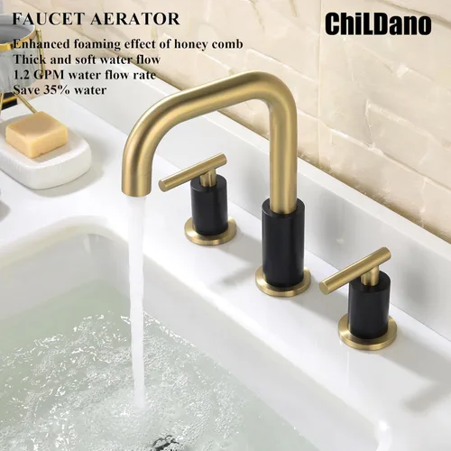 Miniatura 4 de ChiLDano Grifo de baño extendido de 8 pulgadas con desagüe y manguera de suministro, grifo de baño negro y dorado para lavabo de 3 orificios, grifo