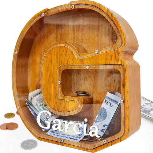 Miniatura 89 de Alcancía para niños y niñas, alcancía grande de madera personalizada con diseño recortado, bancos de monedas con letras del alfabeto, caja de ahorro