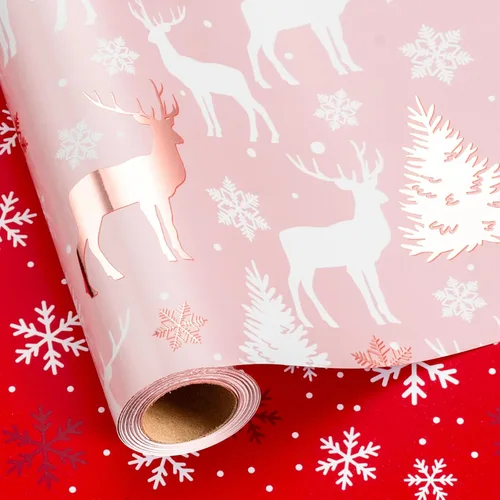 Miniatura 20 de MAYPLUSS Rollo de papel de regalo de Navidad, papel de regalo de 17 pulgadas x 16.5 pies con casa de árbol de Navidad azul marino copo de nieve