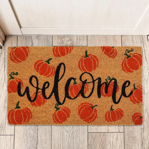 Miniatura 7 de AnyDesign Tapete de fibra de coco de otoño con diseño de calabazas de bienvenida, antideslizante, tapete decorativo de otoño para puerta de entrada