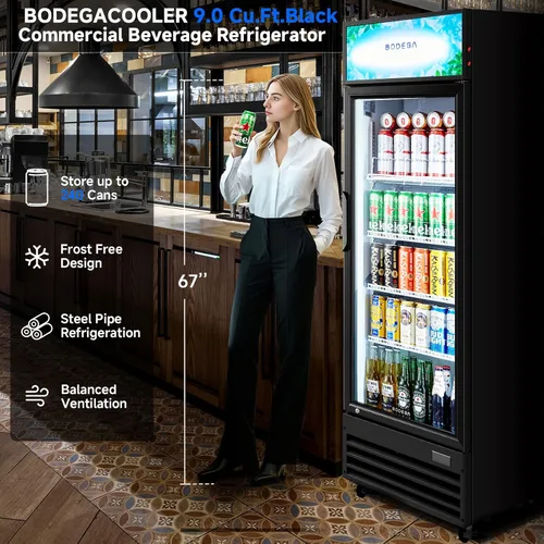 Miniatura 3 de BODEGA BODEGACOOLER Refrigerador Comercial Exhibidor de 9 Pies Cúbicos, Refrigerador Comercial Grande Negro con Puerta de Vidrio, Luz LED/Cerradura