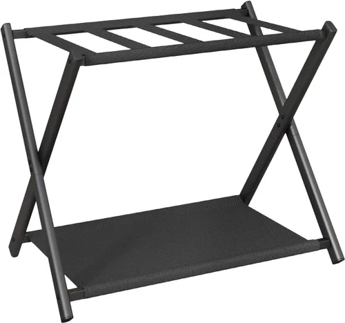 IBUYKE TLR002B - Portaequipajes para todos los tamaños de maleta, soporte plegable para maleta con estante de almacenamiento de tela, fácil de