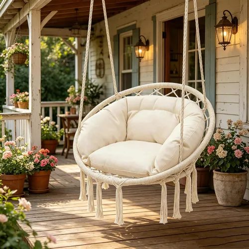 Miniatura 9 de Monibloom Silla hamaca colgante, silla columpio de macramé con cojín, capacidad de 350 libras para adultos y adolescentes, para porche al aire Beige