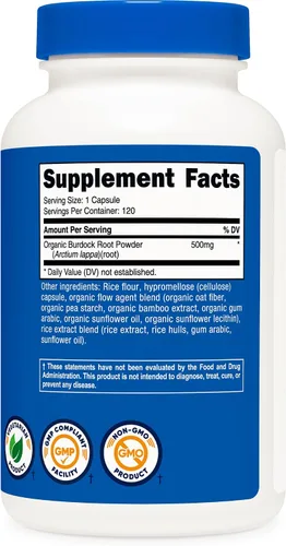 Miniatura 5 de Nutricost Raíz de bardana 500 mg, 120 cápsulas - Sin gluten, sin OMG, apto para vegetarianos