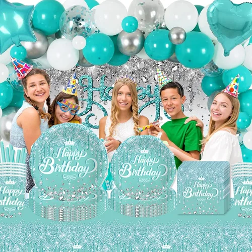Miniatura 4 de Vajilla de fiesta verde azulado y plateado, paquete completo para cumpleaños, fiesta de baby shower, incluye platos, vasos, servilletas, pajitas