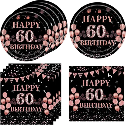 40 piezas de decoraciones de 60 cumpleaños para mujer, vintage, negro y oro rosa 1966, suministros de cumpleaños de 60 años, incluye platos y 60