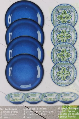 Miniatura 6 de Juego de vajilla de melamina de 12 piezas (azul y verde) - Adecuado para interiores y exteriores