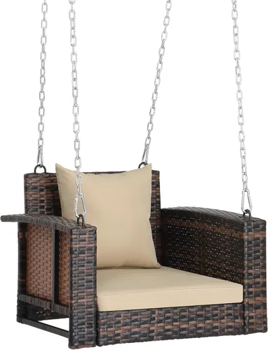 Miniatura 10 de Outvita Banco colgante de porche para 2 personas, banco de mimbre para exteriores con cojín y almohada para patio, jardín, soporta hasta 800 libras