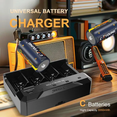 Miniatura 3 de Baterías recargables C 1.5V 4 paquetes con cargador de batería universal Litio USB, 5500 mWh, compatible con pilas AA AAA C D