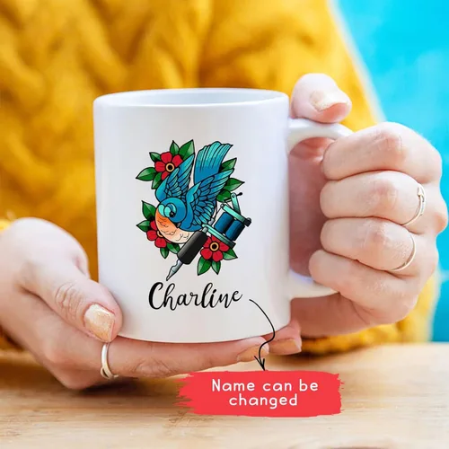 Miniatura 2 de Taza de artista de tatuaje floral, taza de café personalizada para tatuajes, taza de tatuaje personalizada con nombre regalo para amantes
