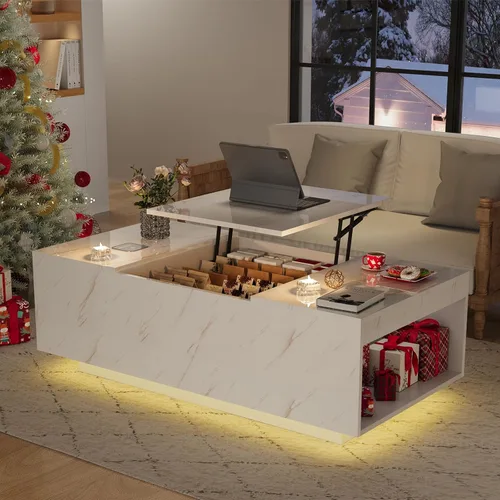 Miniatura 6 de Mesa de Centro LED Moderna de 47" con 2 Cajones, Mesa Central de Doble Capa de Alto Brillo con Carga Inalámbrica y Altavoz Bluetooth Integrado, Mesa
