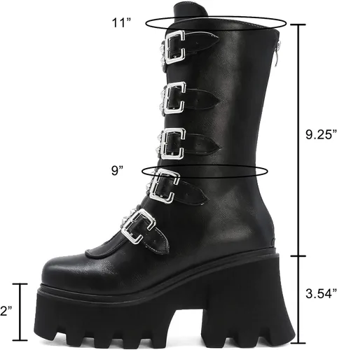 Miniatura 5 de YIYA - Botas de combate a media pantorrilla con estoperoles para mujer botas de plataforma góticas negras botines de plataforma con hebilla y punta