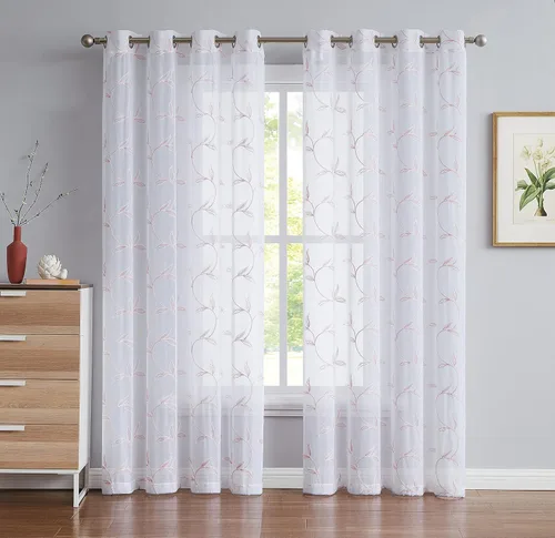 Miniatura 7 de Cortinas LinenZone de piso a techo para ventanas extra anchas. Cortinas transparentes blancas para divisores de habitación con bordado de hojas rosa