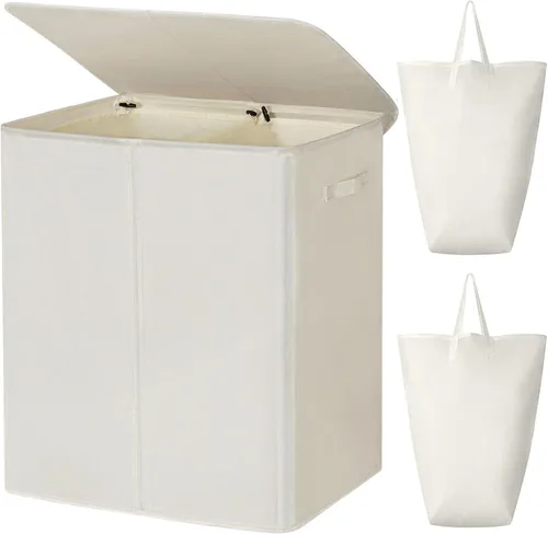Miniatura 21 de WOWLIVE Cesta de lavandería de 100 litros con tapa, cesta plegable grande con 2 bolsas y asas extraíbles, cesta de ropa sucia plegable alta