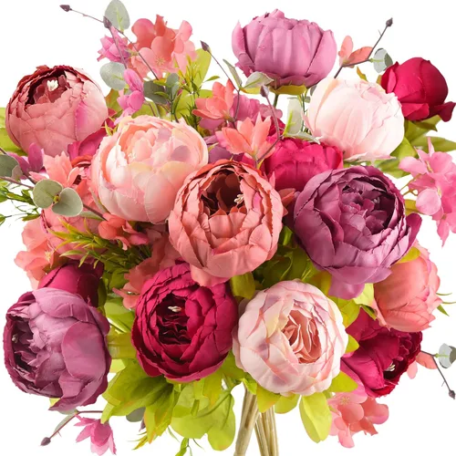 Miniatura 12 de FiveSeasonStuff - Peonías y hortensias artificiales de seda, ideal para decoración de bodas, novias, hogar, decoración de centro de mesa (2 ramos).