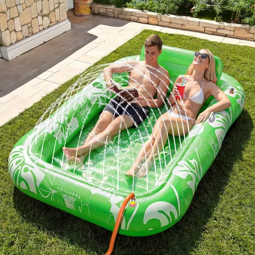Miniatura 12 de Inflatable Tanning Pool Lounger Float with Sprinkler, 77" x 48" Pool Floats Adult with Pillow, 6 in 1 Suntan Tub Raft Floatie with Drink Holder Azul