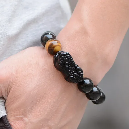 Miniatura 4 de Pulsera de obsidiana negra, pulsera de obsidiana negra Feng Shui para mujeres y hombres, pulsera elástica de obsidiana con piedra de ojo de tigre