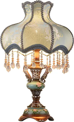 Tiffany - Lámparas de mesa europeas estilo victoriano, estilo americano, retro, hecha a mano, tela hecha a mano, con lámpara de resina, lámpara de