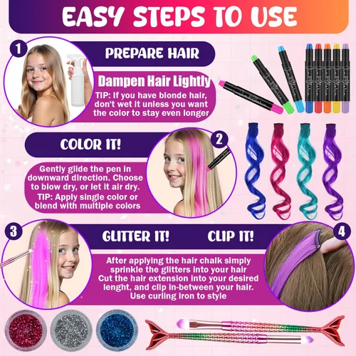 Miniatura 4 de Jim&Gloria Tiza para el cabello sin polvo para niñas, lavable con extensiones de cabello, pinceles y purpurina, tinte de color temporal, regalos