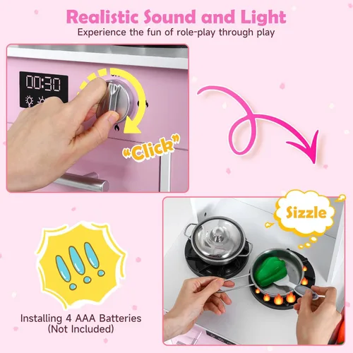 Miniatura 4 de INFANS Juego de cocina para niños, cocina de madera con luces realistas, sonidos, cafetera, lavavajillas, microondas, horno, cajones de tela Rosa